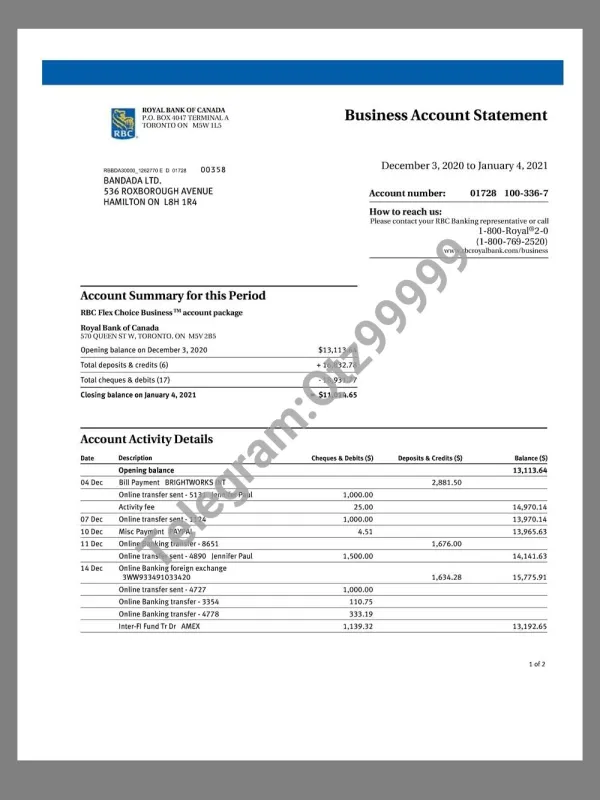 Royal Bank of Canada Business Account Statement加拿大皇家银行企业账单pdf模板
