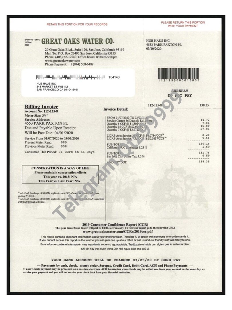 北美|USA California Great Oaks Water Utility Bills美国加州水电费账单pdf模板 高清原件/PDF/PSD下载 - 地址证明风控解除