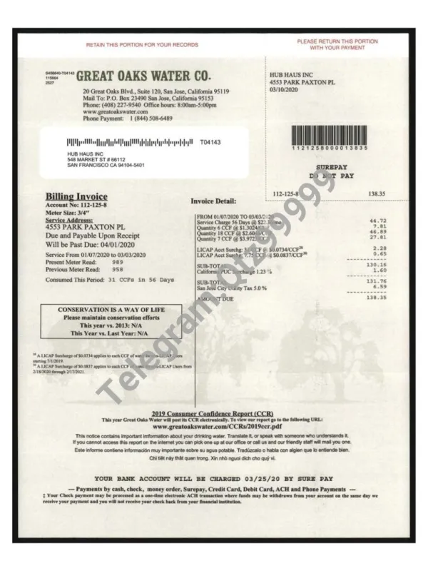 北美|USA California Great Oaks Water Utility Bills美国加州水电费账单pdf模板