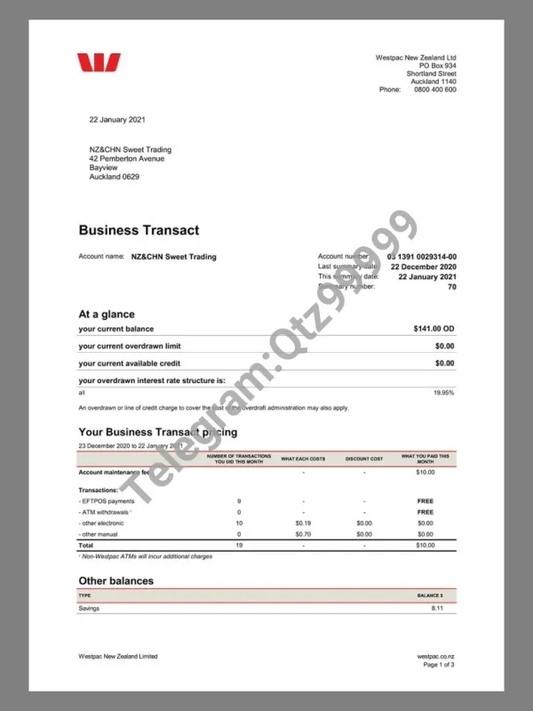 澳大利亚|新西兰New Zealand Westpac Bank Statement银行账单/KYC地址证明pdf模板