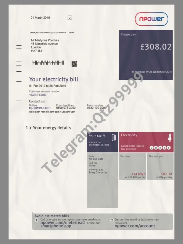 欧洲|UK Npower Energy Utility Bills英国水电费账单PS/PSD模板(V2)