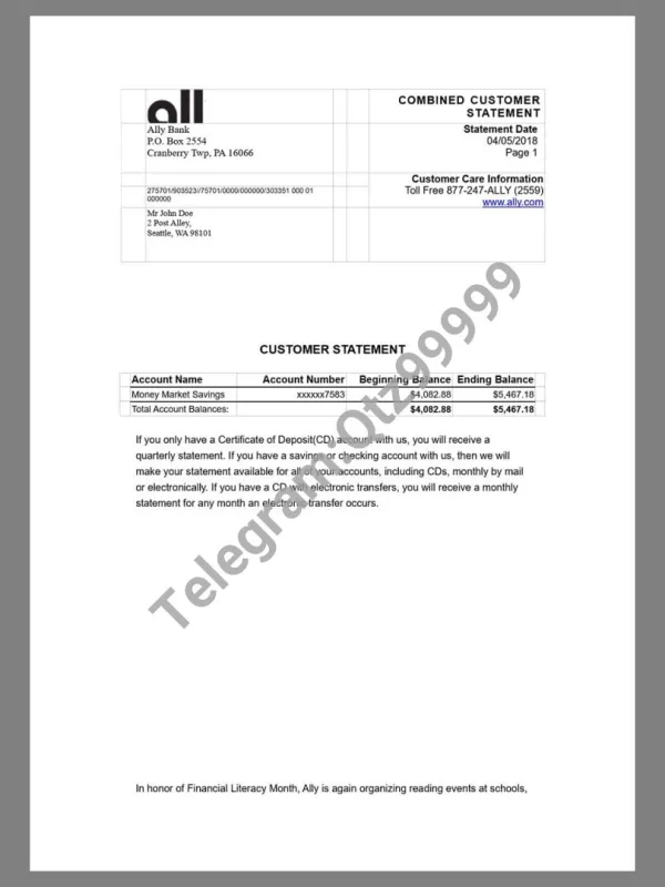 USA美国Ally Bank Statement银行账单/KYC地址证明psd模板