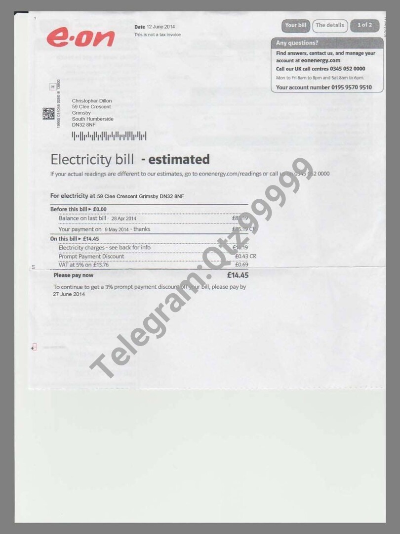 欧洲|英国UK E.On Electricity Utility Bills水电费账单/KYC地址证明psd模板 高清原件/PDF/PSD下载 - 地址证明风控解除