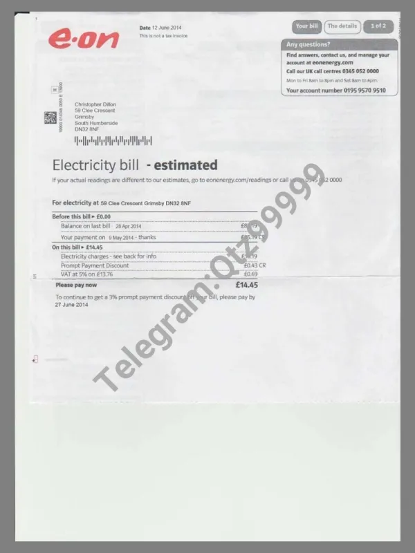 欧洲|英国UK E.On Electricity Utility Bills水电费账单/KYC地址证明psd模板