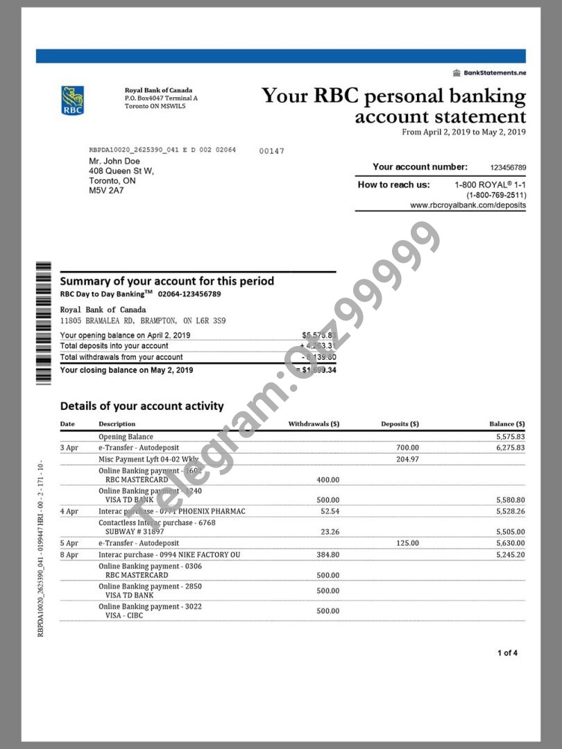 加拿大Canada RBC Bank Statement银行账单/KYC地址证明word模板 高清原件/PDF/PSD下载 - 地址证明风控解除