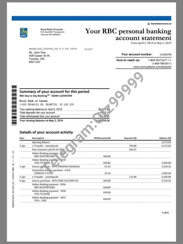 加拿大Canada RBC Bank Statement银行账单/KYC地址证明word模板