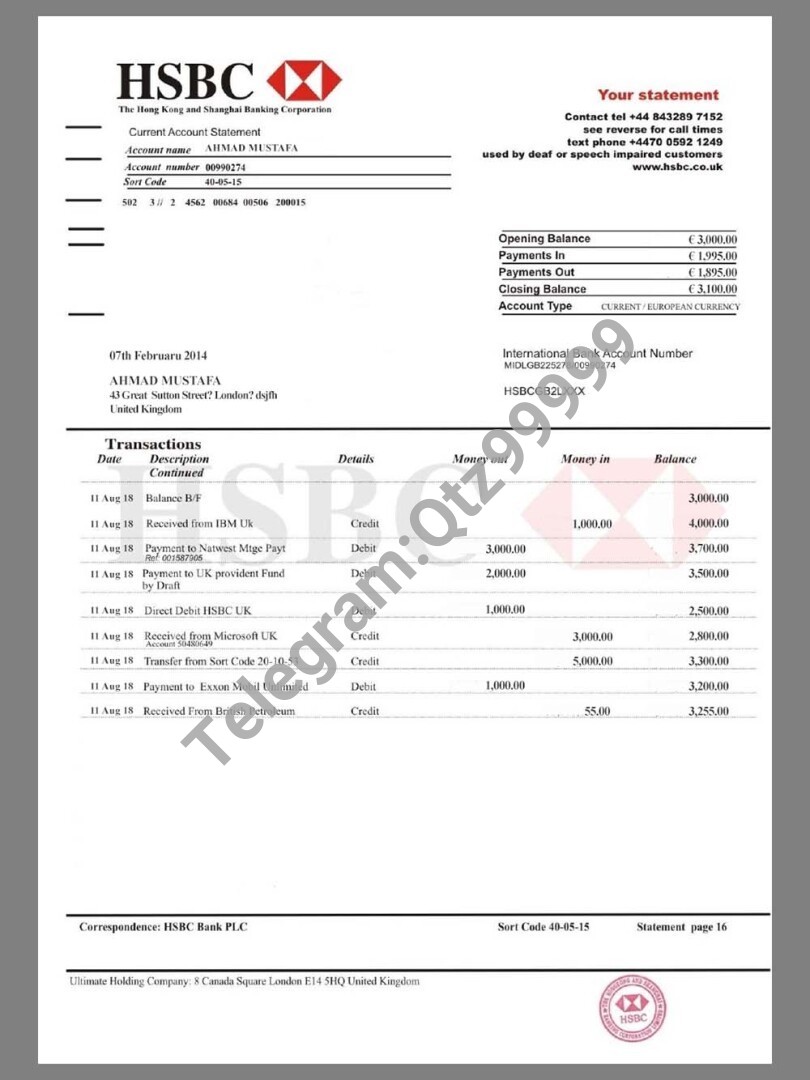 汇丰HSBC Bank Statement银行账单/KYC地址证明psd模板 V2 高清原件/PDF/PSD下载 - 地址证明风控解除