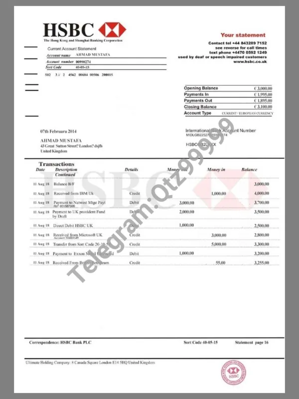 汇丰HSBC Bank Statement银行账单/KYC地址证明psd模板 V2