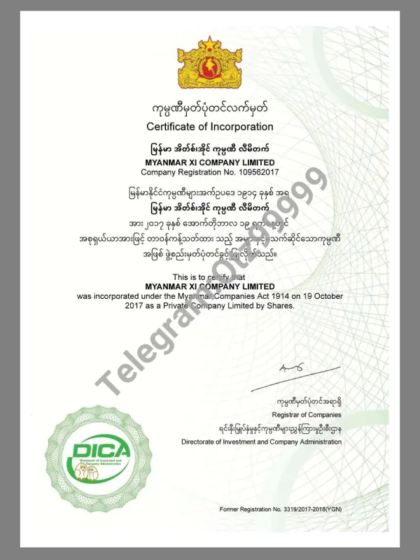 东南亚| Myanmar Company Certificate缅甸营业执照psd/pdf模板