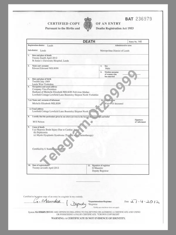 UK Yorkshire Death Certificate Template英国约克郡死亡证明PS/PSD模板