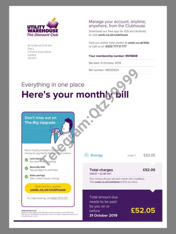 英国UK WareHouse Energy Utility Bills水电费账单/KYC地址证明pdf模板