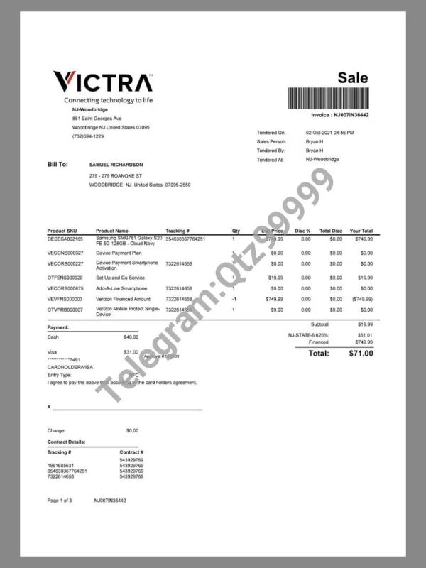 北美|USA Victra Sale Invoice美国消费购物账单/KYC地址证明word/pdf模板