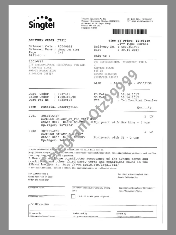 东南亚|Singapore Singtell Telcom Invoice新加坡新电信销售账单pdf模板