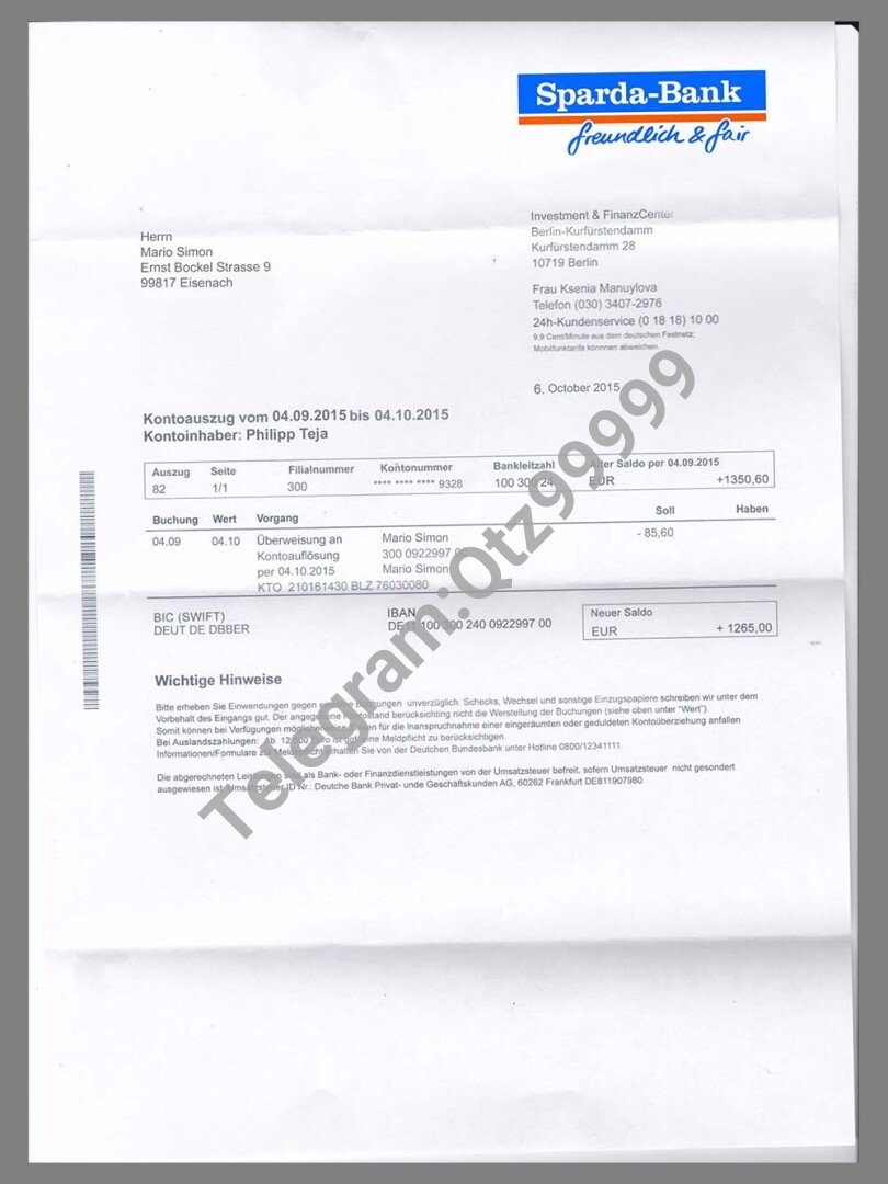 欧盟|德国Germany Sparda Bank Statement银行账单/KYC地址证明psd模板 高清原件/PDF/PSD下载 - 地址证明风控解除
