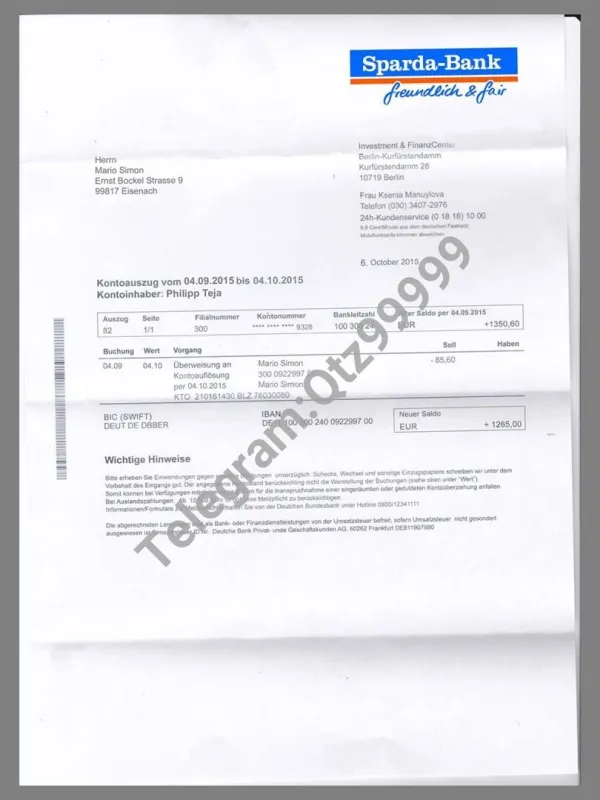 欧盟|德国Germany Sparda Bank Statement银行账单/KYC地址证明psd模板
