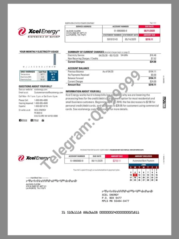 USA Xcel Energy Utility Bills美国水电费账单/KYC地址证明word/pdf模板