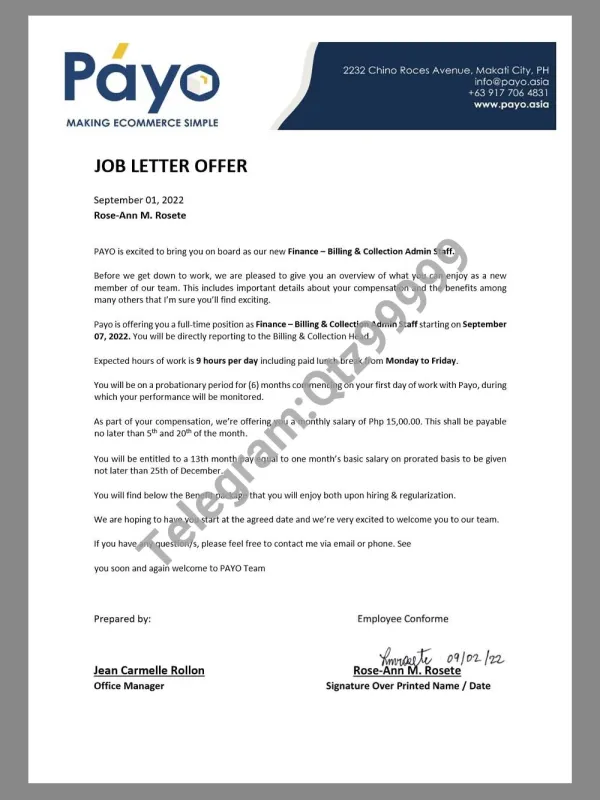 Philippines Payo.asia Job Offer Letter菲律宾电商公司工作邀请函Word模板