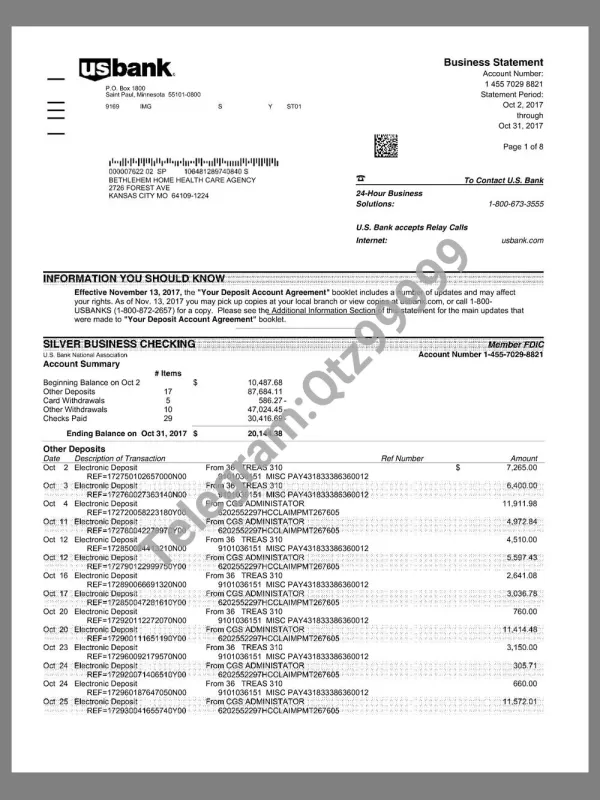 US Bank Company Business Statement美国银行企业商业账单pdf模板