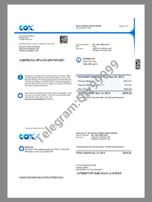 America COX.com Paystub template美国电信公司收入证明/工资账单PDF模板