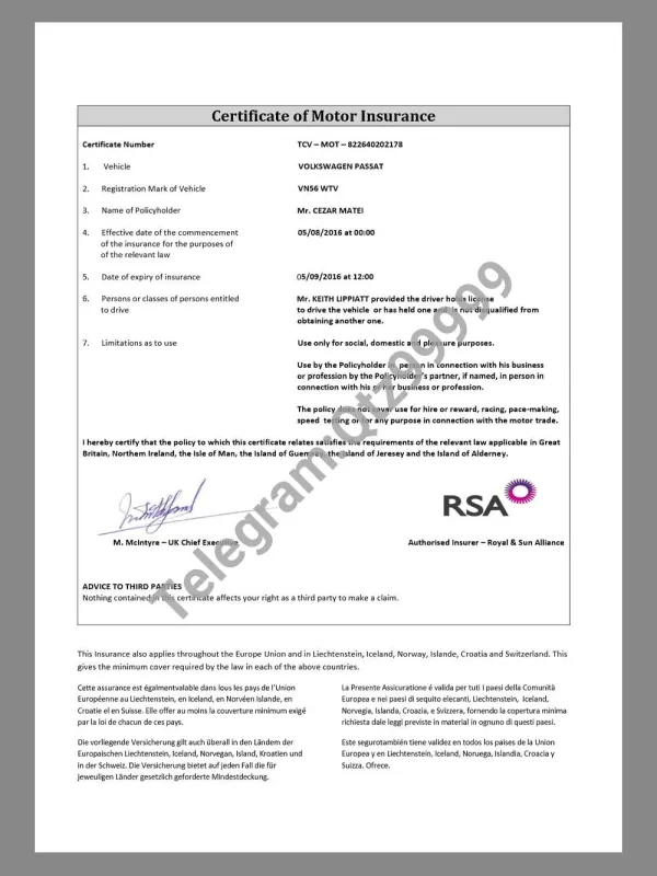 UK Certificate of Motor Insurance英国机动车保险证书pdf模板