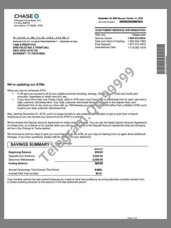 Chase Bank Bank Statement摩根大通旗下银行账单/KYC地址证明psd模板 V1