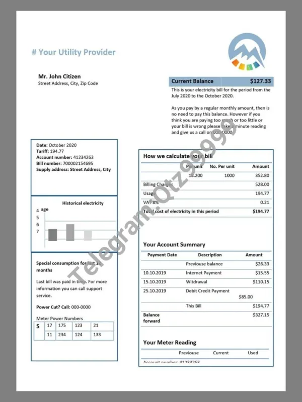 北美|加拿大Canada Cycle Energy Utility Bills水电费账单/KYC地址证明word模板