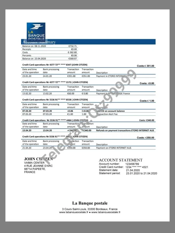 France LA Banque Postale Credit Card Statement法国银行信用卡账单pdf模板