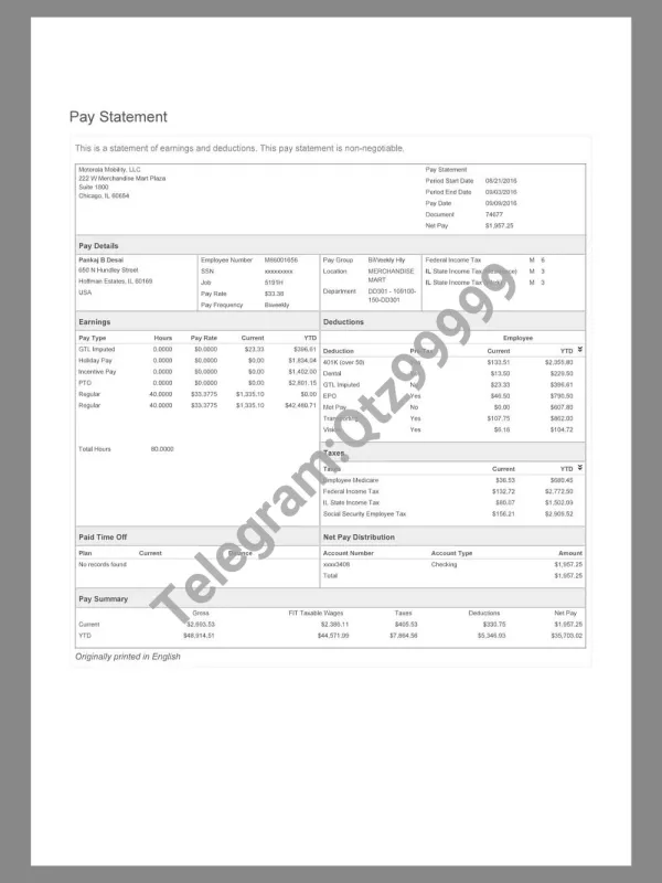 Motorola Paystub template摩托罗拉收入证明/工资账单PDF模板