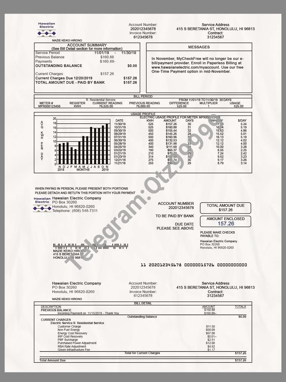 USA Hawaiian Electric Bills美国夏威夷水电费账单/地址证明PS/PSD模板 高清原件/PDF/PSD下载 - 地址证明风控解除