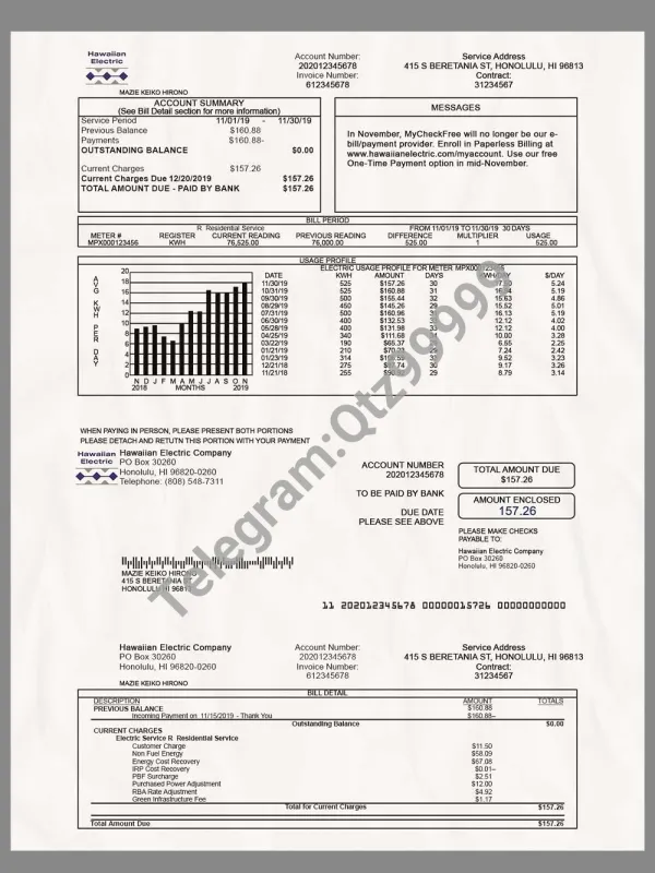 USA Hawaiian Electric Bills美国夏威夷水电费账单/地址证明PS/PSD模板