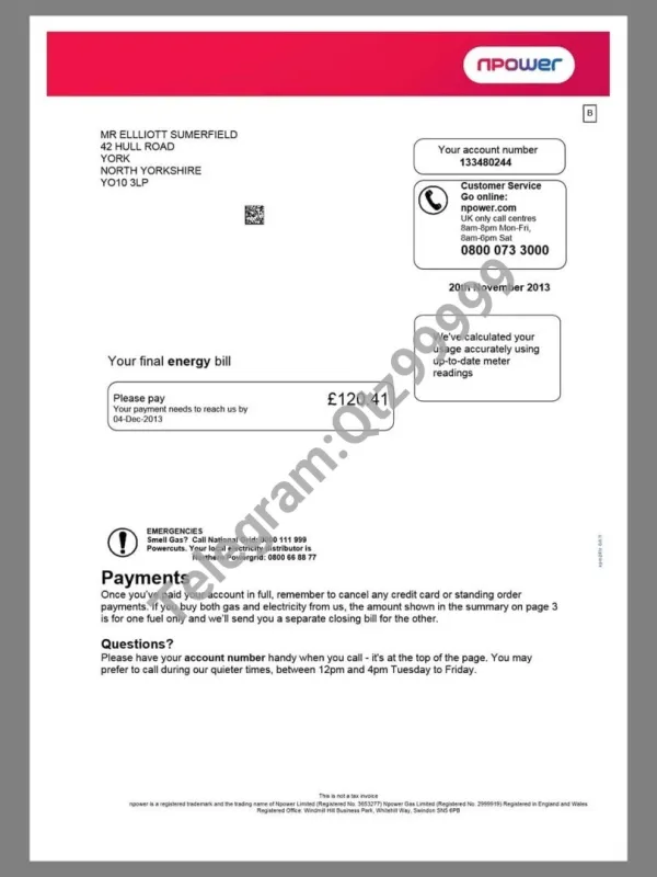 欧洲|英国UK Npower Energy Utility Bills水电费账单/KYC地址证明pdf模板