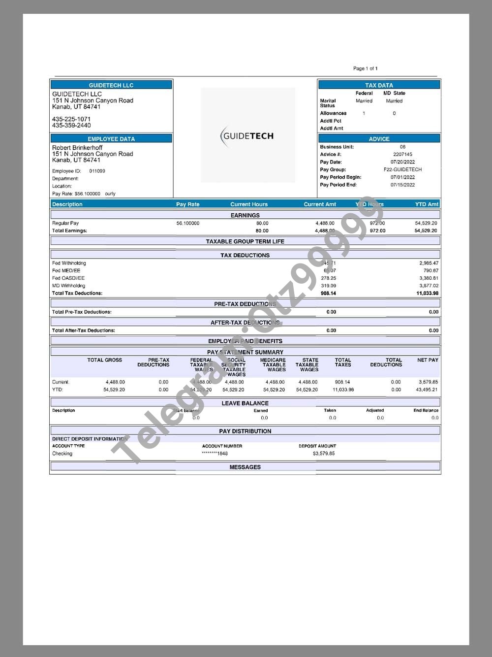 GuideTech Paystub template电子科技公司收入证明/工资账单PDF模板 高清原件/PDF/PSD下载 - 地址证明风控解除