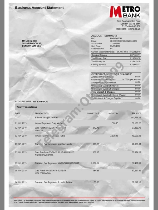 欧洲|英国Metro Bank Statement银行账单/KYC地址证明word模板