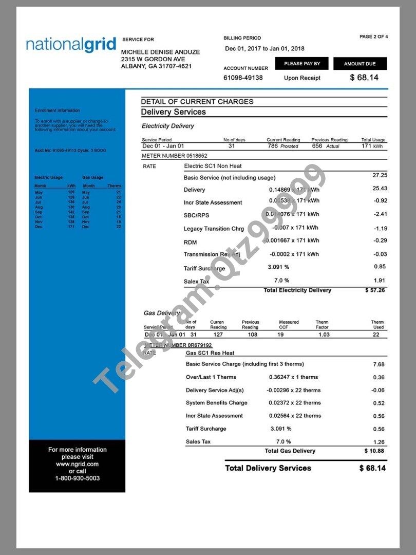 USA&UK NationalGrid Utility Bills美国/英国水电费账单PS/PSD模板 高清原件/PDF/PSD下载 - 地址证明风控解除