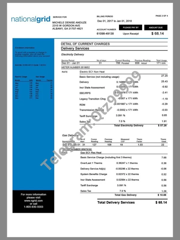 USA&UK NationalGrid Utility Bills美国/英国水电费账单PS/PSD模板