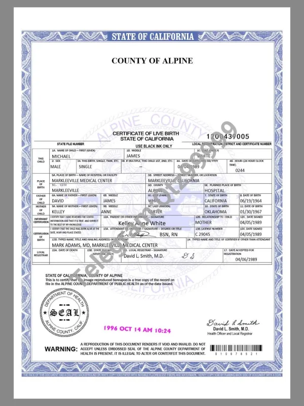 USA California Alpine County Birth Certificate美国加州出生证明word模板