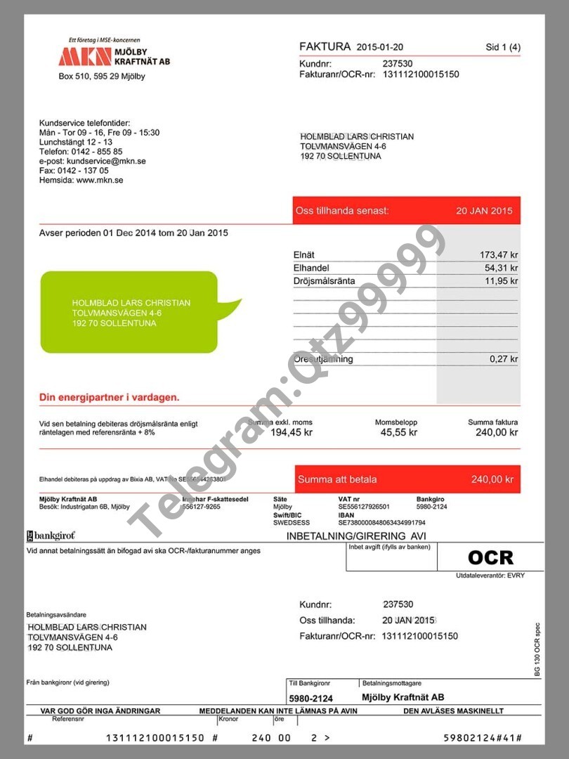 北欧|Sweden MKN Utility Bills瑞典水电费账单/KYC地址证明PS/PSD模板 高清原件/PDF/PSD下载 - 地址证明风控解除