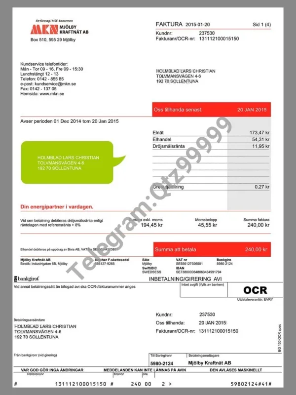 北欧|Sweden MKN Utility Bills瑞典水电费账单/KYC地址证明PS/PSD模板