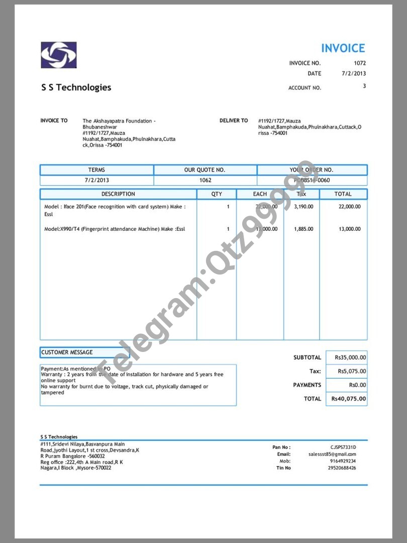 南亚|India SS Technologies Invoice印度软件购物账单word/pdf模板 高清原件/PDF/PSD下载 - 地址证明风控解除