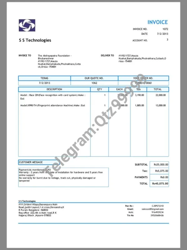 南亚|India SS Technologies Invoice印度软件购物账单word/pdf模板