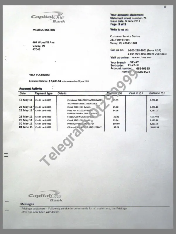 美国Capital One Bank Statement银行账单/KYC地址证明psd模板