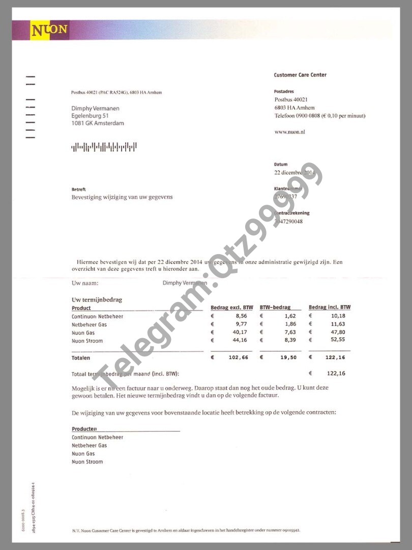 欧盟|Netherlands NUON Gas Utility Bills荷兰水电费账单PSD/PS模板 高清原件/PDF/PSD下载 - 地址证明风控解除