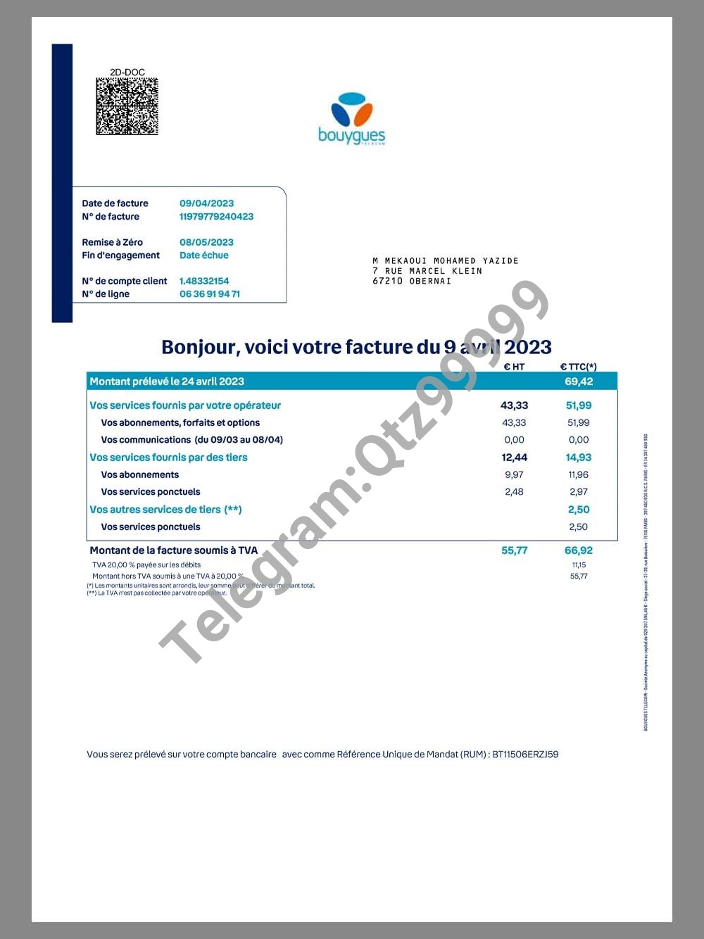 欧洲| France Bouygues Utility Bills法国话费账单/KYC地址证明pdf模板 高清原件/PDF/PSD下载 - 地址证明风控解除