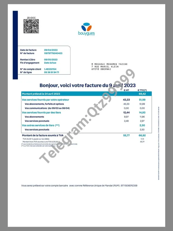 欧洲| France Bouygues Utility Bills法国话费账单/KYC地址证明pdf模板