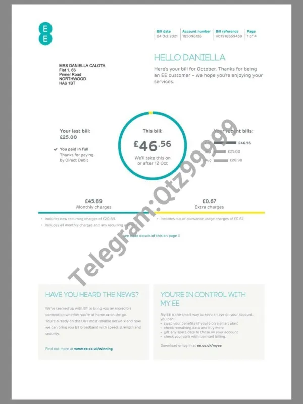 欧洲|UK Ee Mobile Bills英国话费账单/KYC地址证明pdf模板