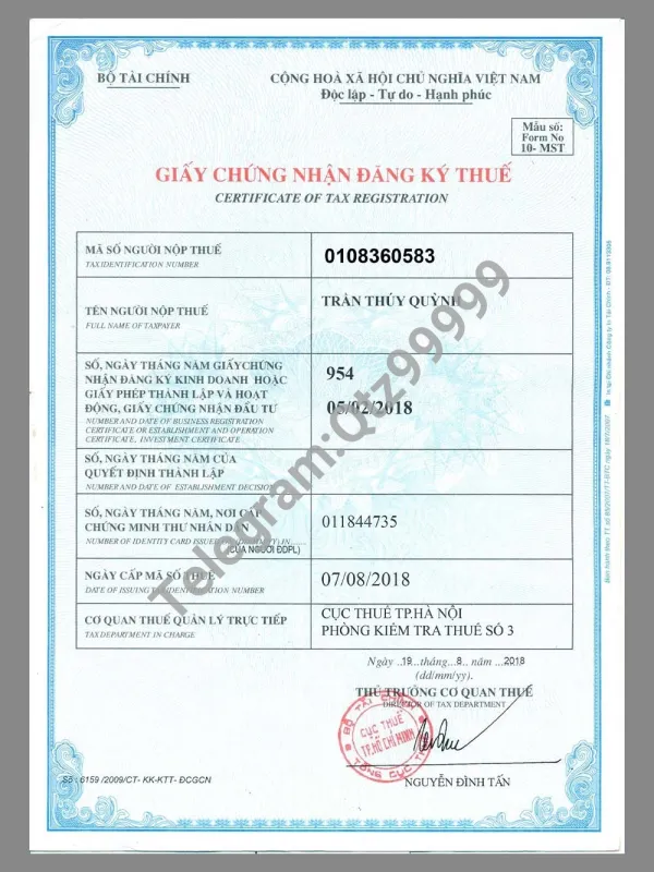 Vietnam Certificate of Tax Registation 越南公司税务登记证PS/PSD模板