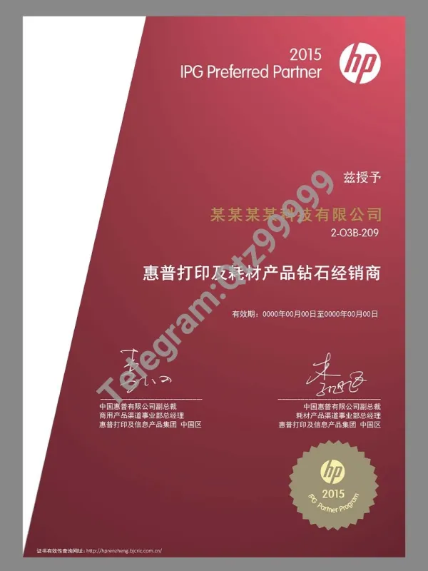 HP Authorization Certificate(Chinese)惠普打印及耗材产品钻石经销商授权证书PS/PSD模板