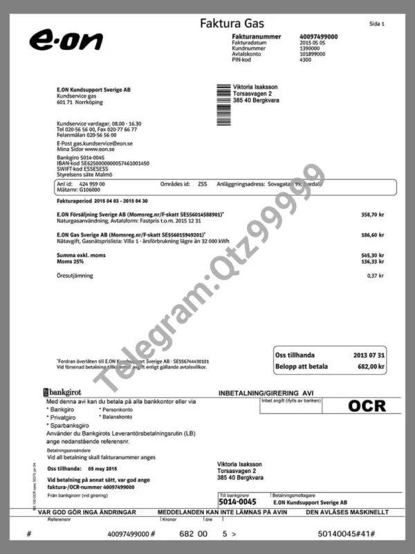 北欧|瑞典Sweden E.On & Kraf Energy Utility Bills水电费账单/KYC地址证明psd模板