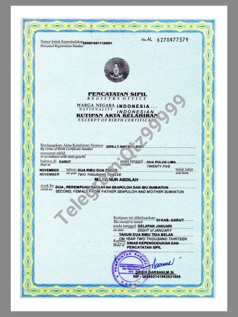 东南亚|Indonesia Birth Certificate印度尼西亚/印尼出生证明pdf模板