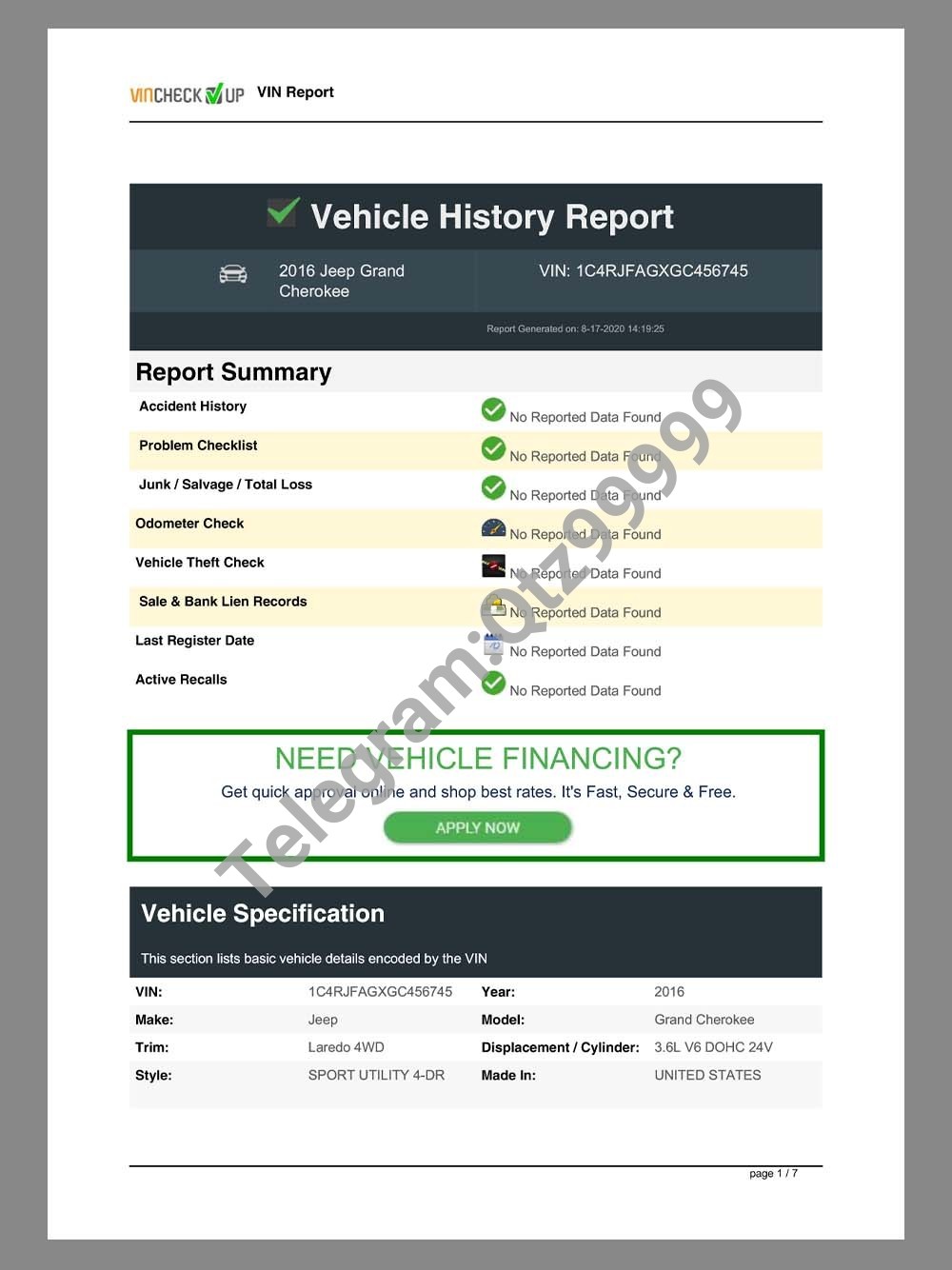 USA Vehicle History Report(VIN Report)美国车辆历史报告pdf模板（V1） 高清原件/PDF/PSD下载 - 地址证明风控解除